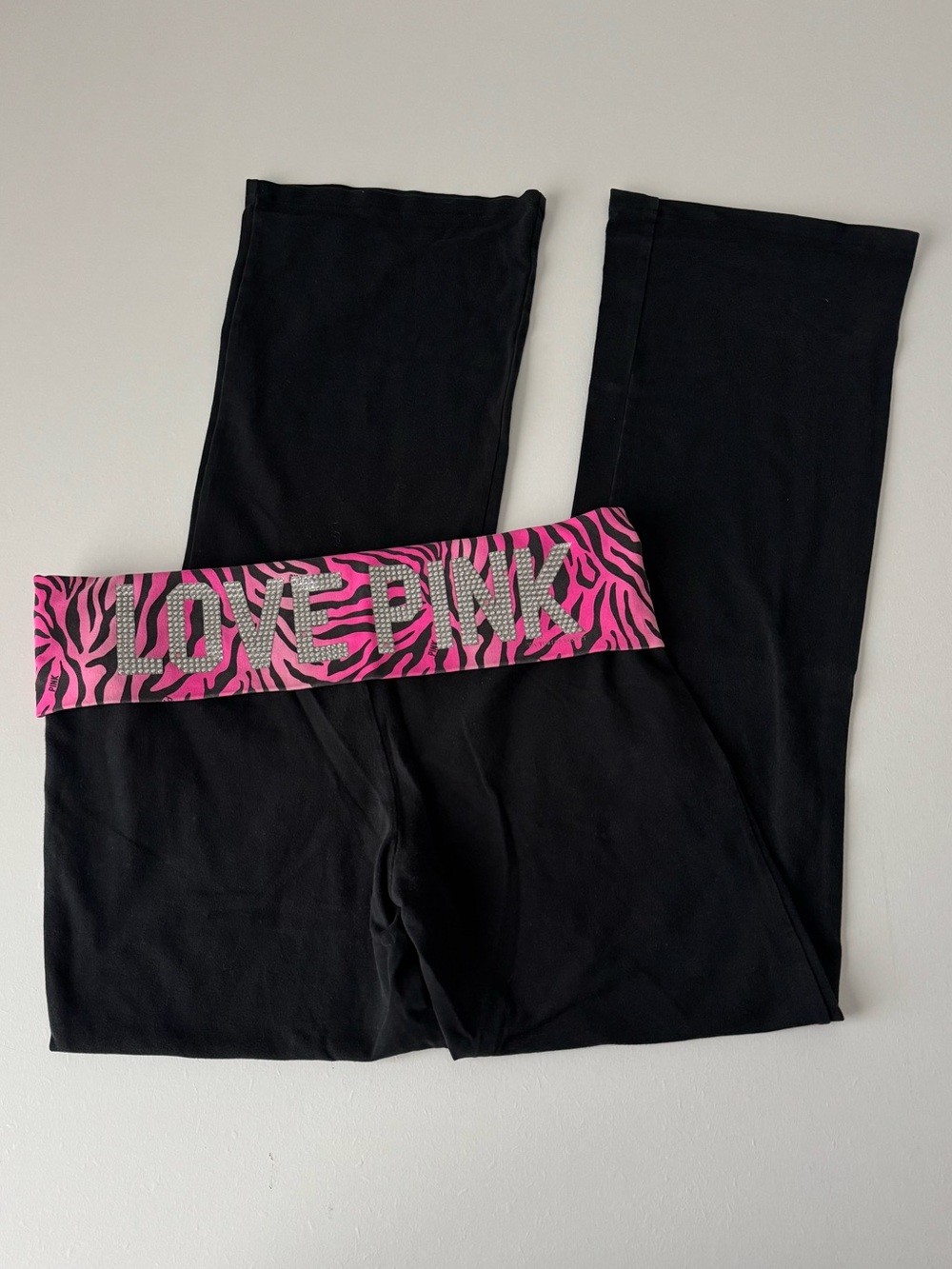 Y2K VS Pink Zebra Print Foldover Flare Leggings